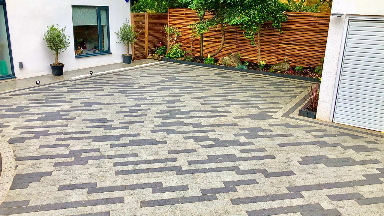 Completed two-tone block paving outside a home